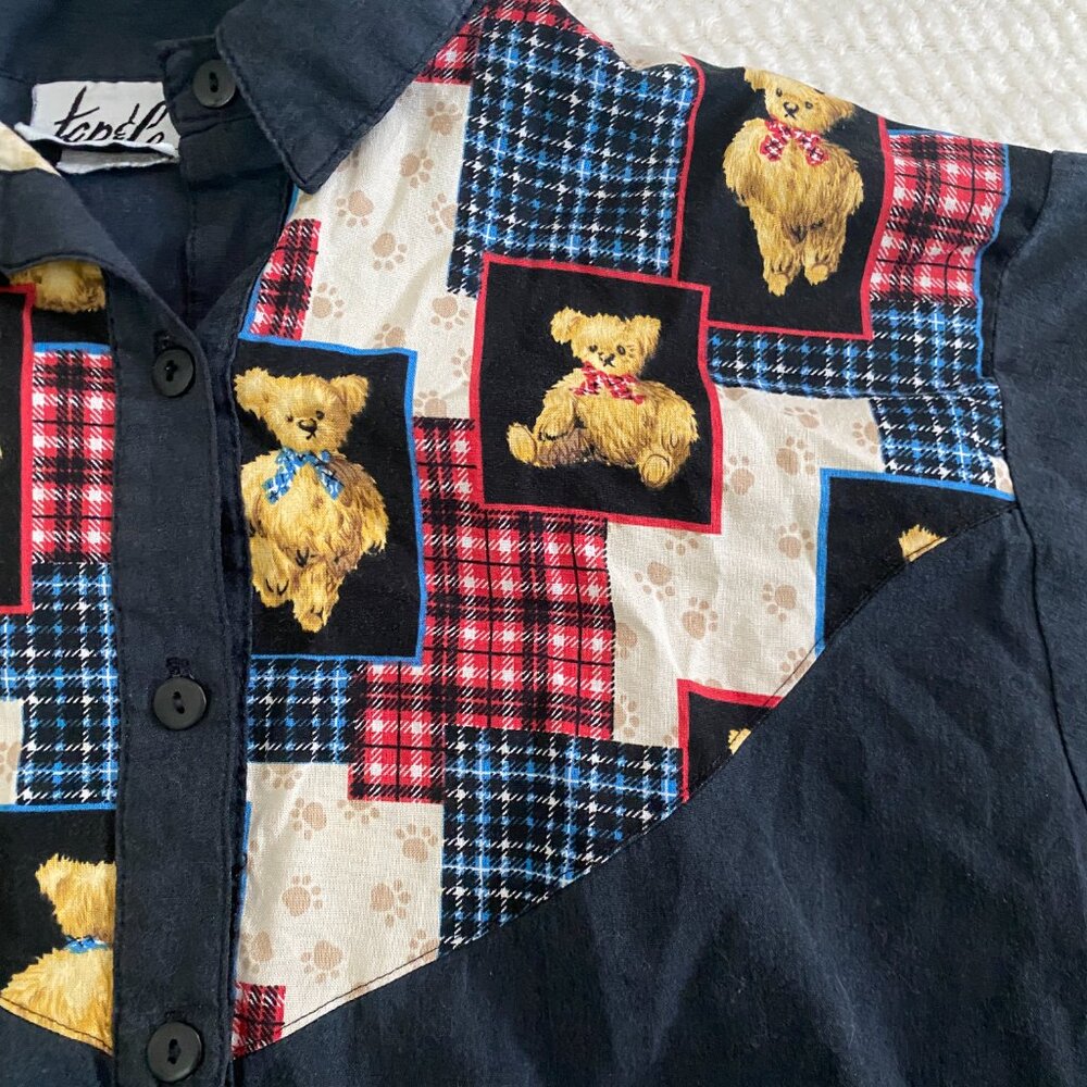 Vintage Teddy Bear Button Up Patchwork Black Silk… - image 2